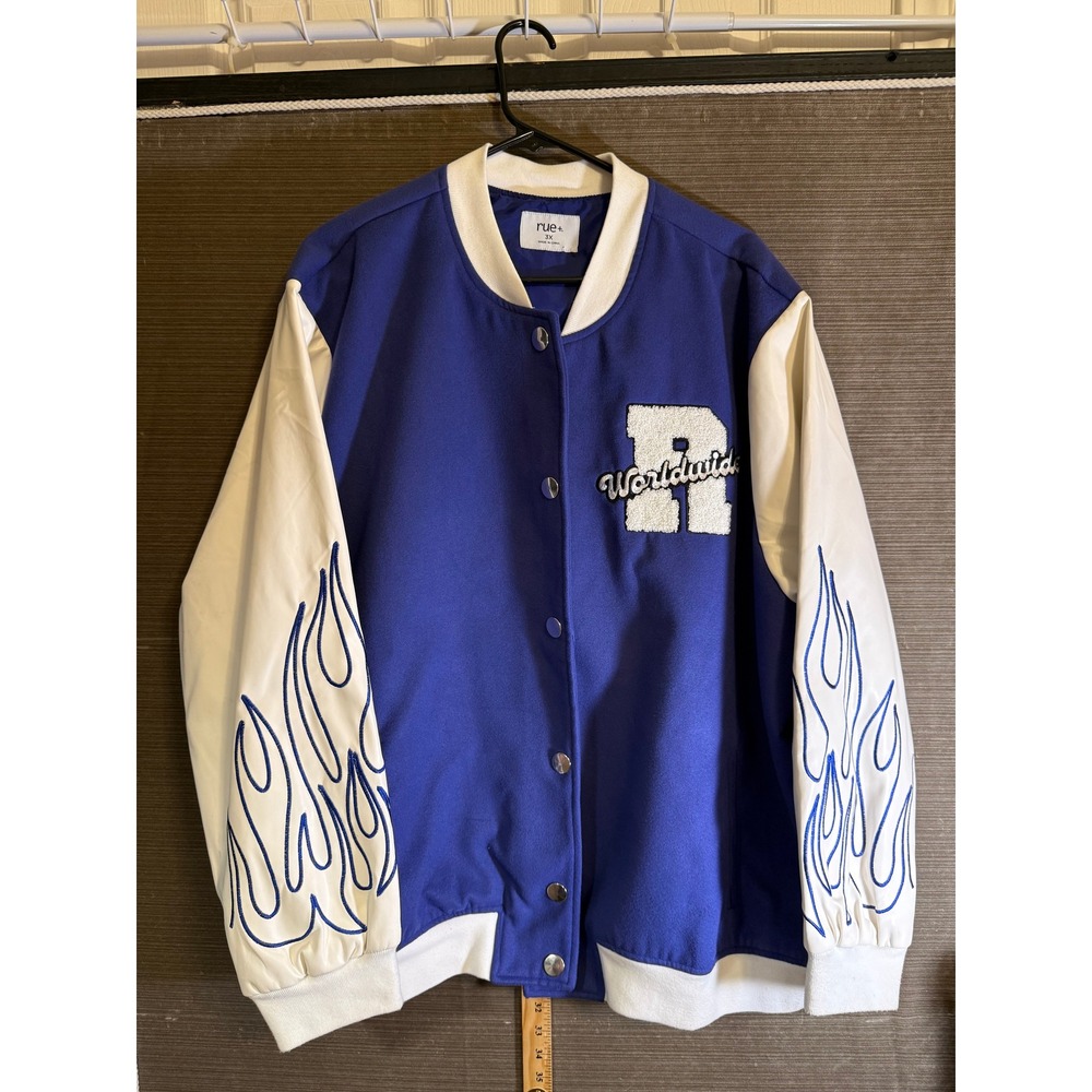 Rue21 Rue+ Varsity Bomber Jacket Blue White Flame Sleeve Patch Womens 3X Plus